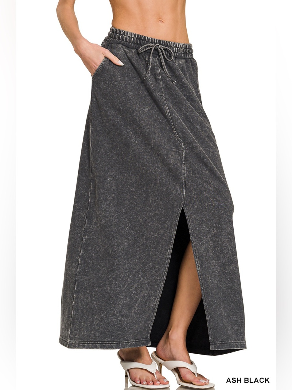 Casual High-Waist Charcoal Maxi Skirt with Front Slit